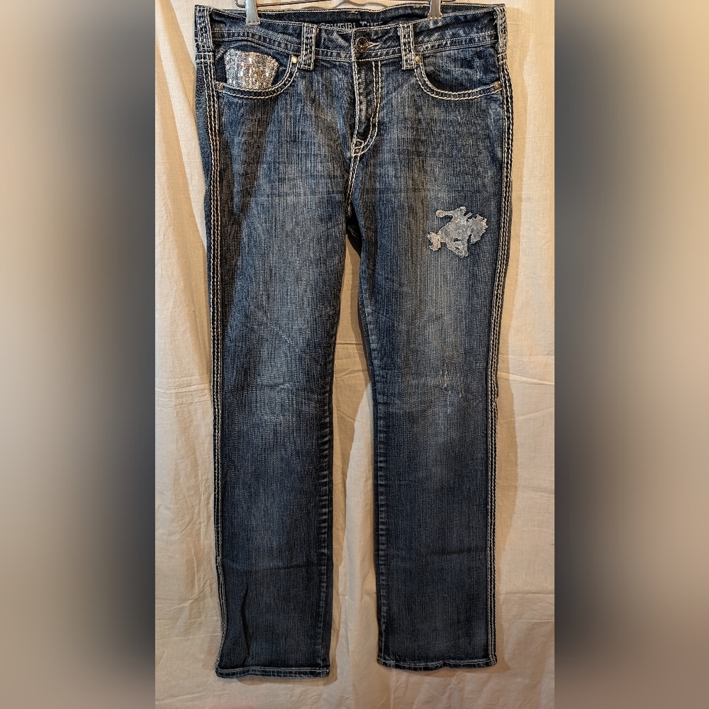 Cowgirl Tuff Western Jeans Bucking Bronc Sequins SZ 32 LONG